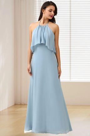 Dressime A Line Halter Chiffon Long Bridesmaid Dress With Ruffle