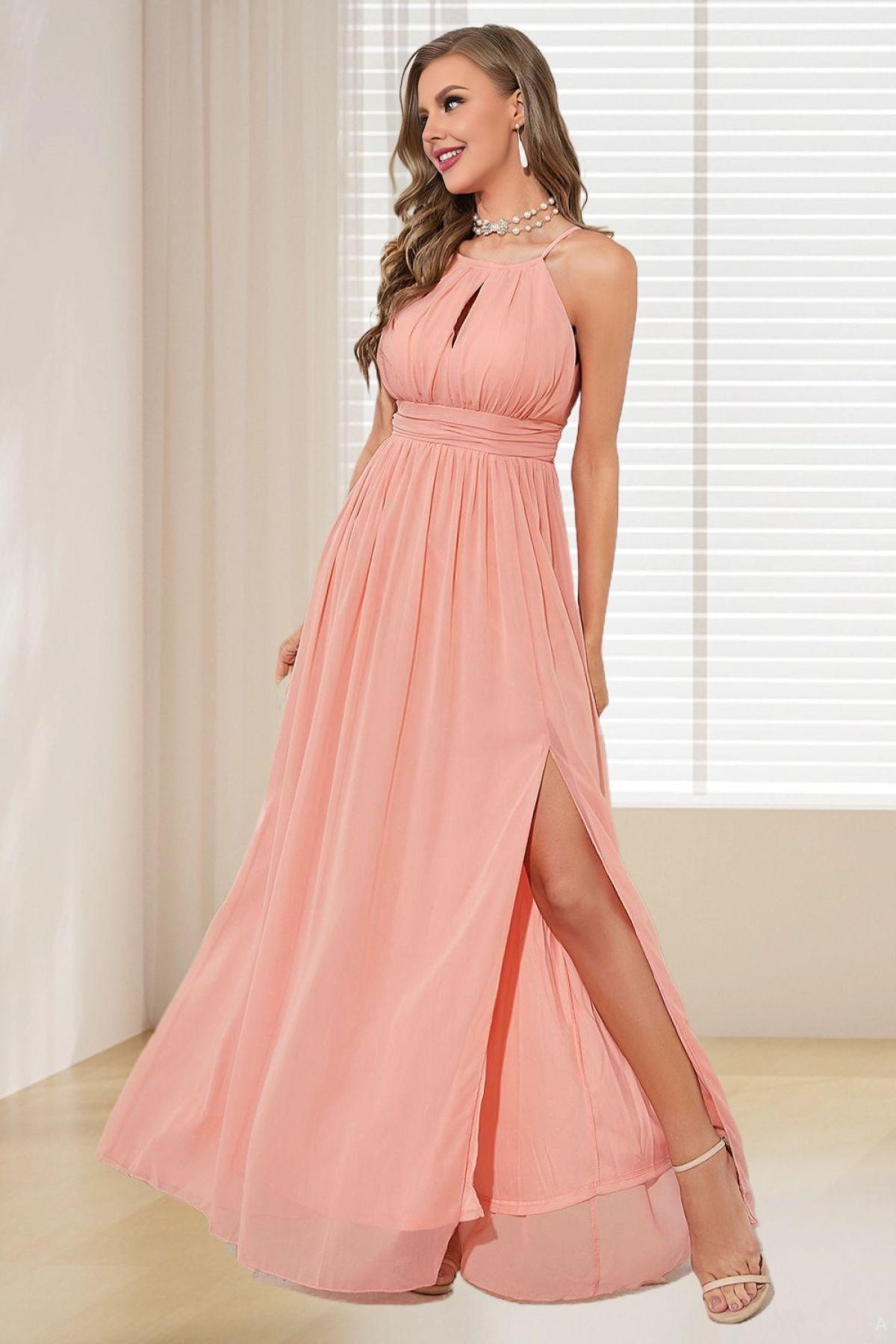 Dressime A Line Halter Chiffon Long Bridesmaid Dress with Slit