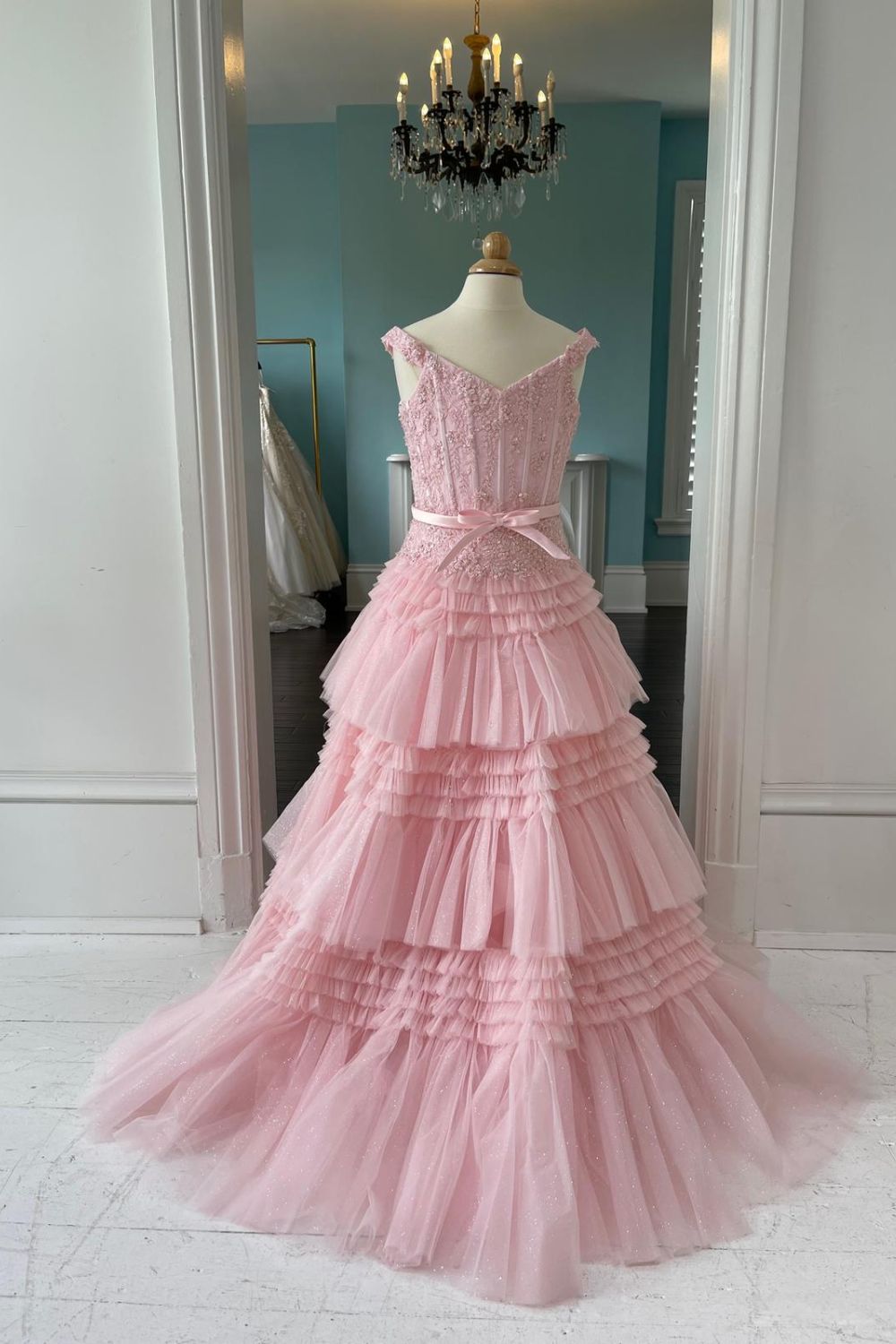 Dressime A Line Off The Shoulder Organza Multi-Layer Girl Pageant Dress with Ruffles