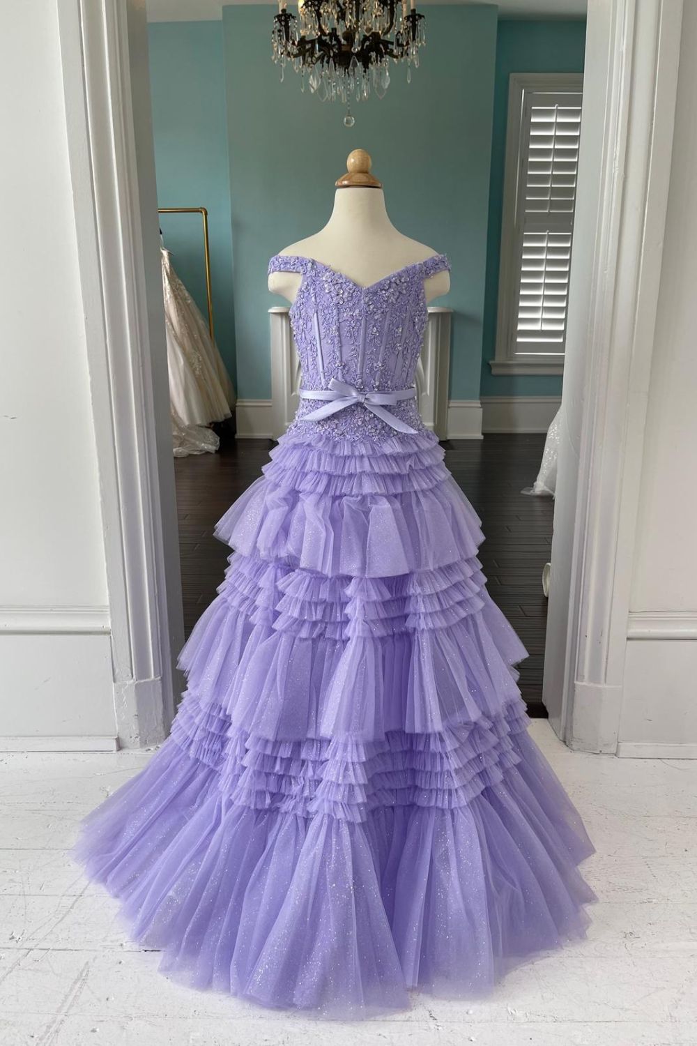 Dressime A Line Off The Shoulder Organza Multi-Layer Girl Pageant Dress with Ruffles
