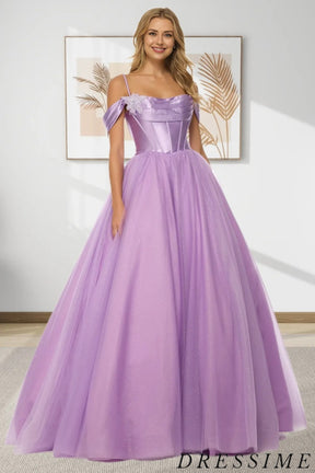 Dressime A-Line Off The Shoulder Tulle Satin Long Prom Dress