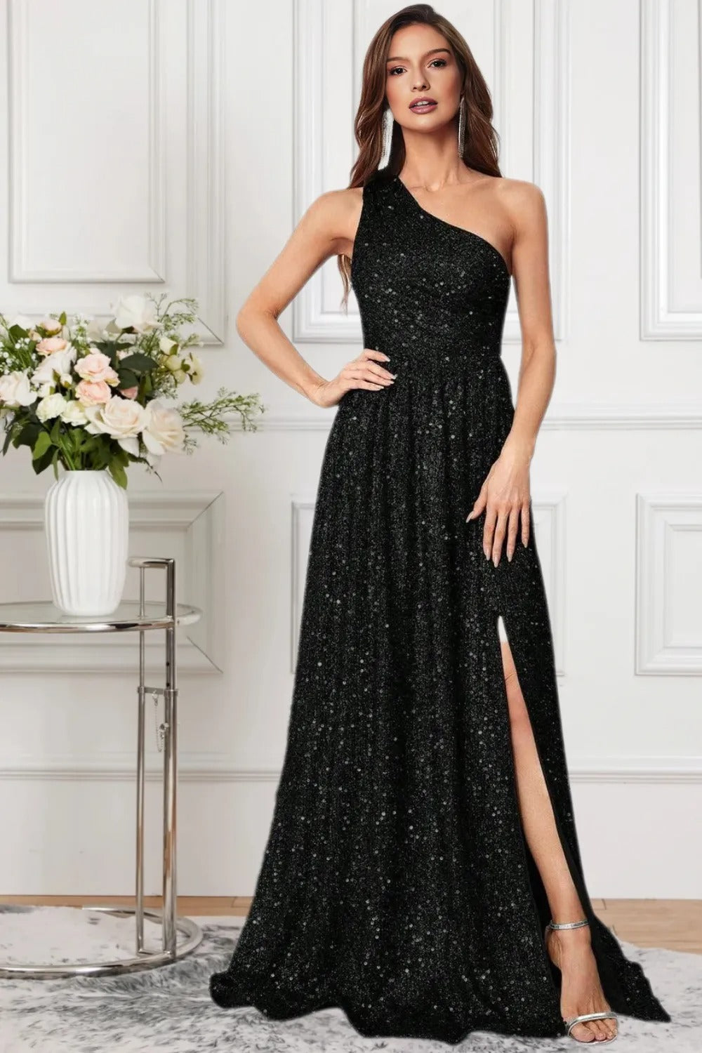 Dressime A Line One Shoulder Sequin Slit Long Formal Dress