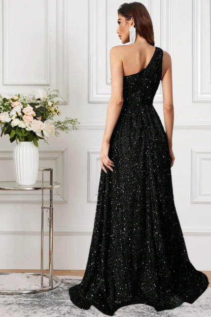 Dressime A Line One Shoulder Sequin Slit Long Formal Dress