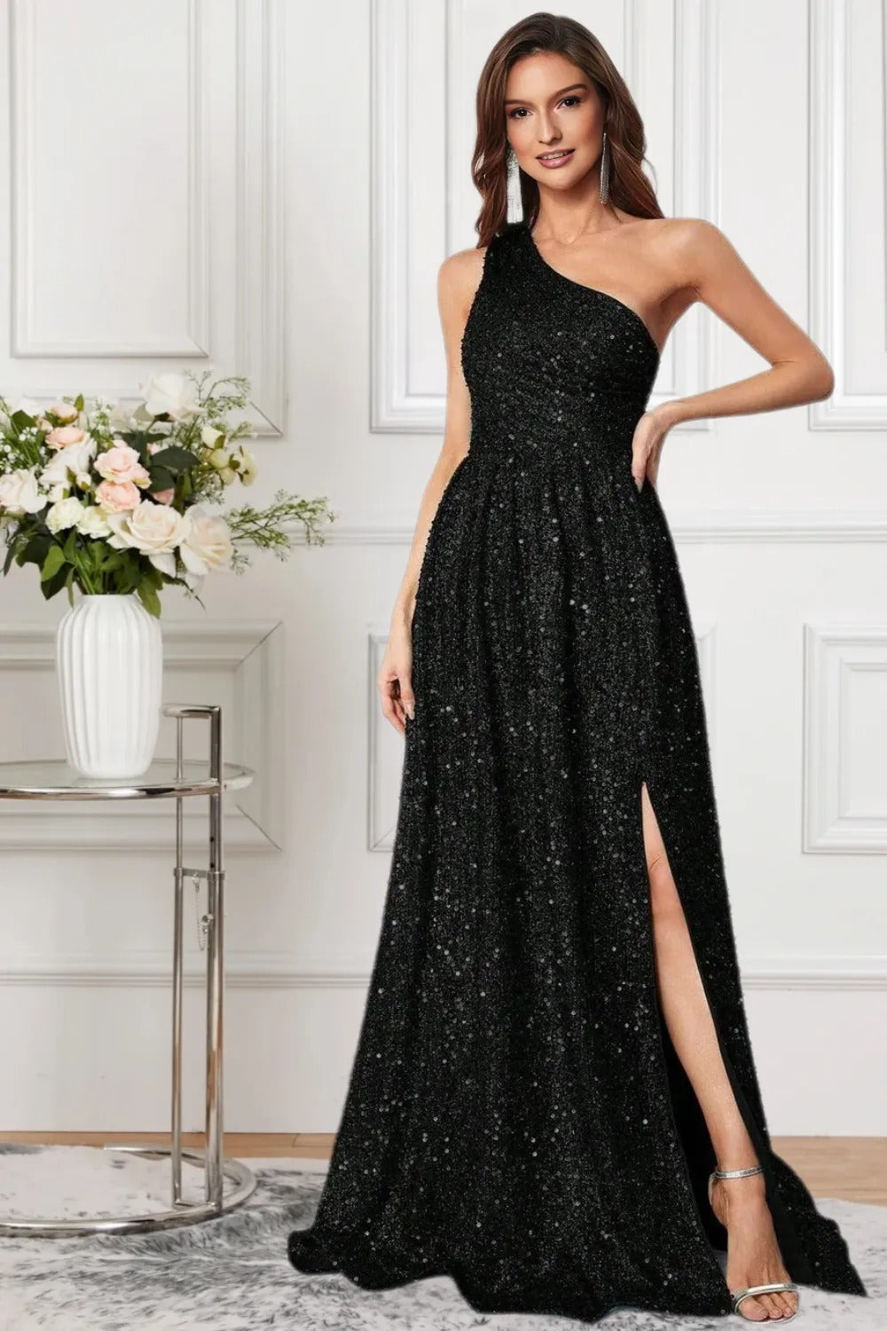 Dressime A Line One Shoulder Sequin Slit Long Formal Dress