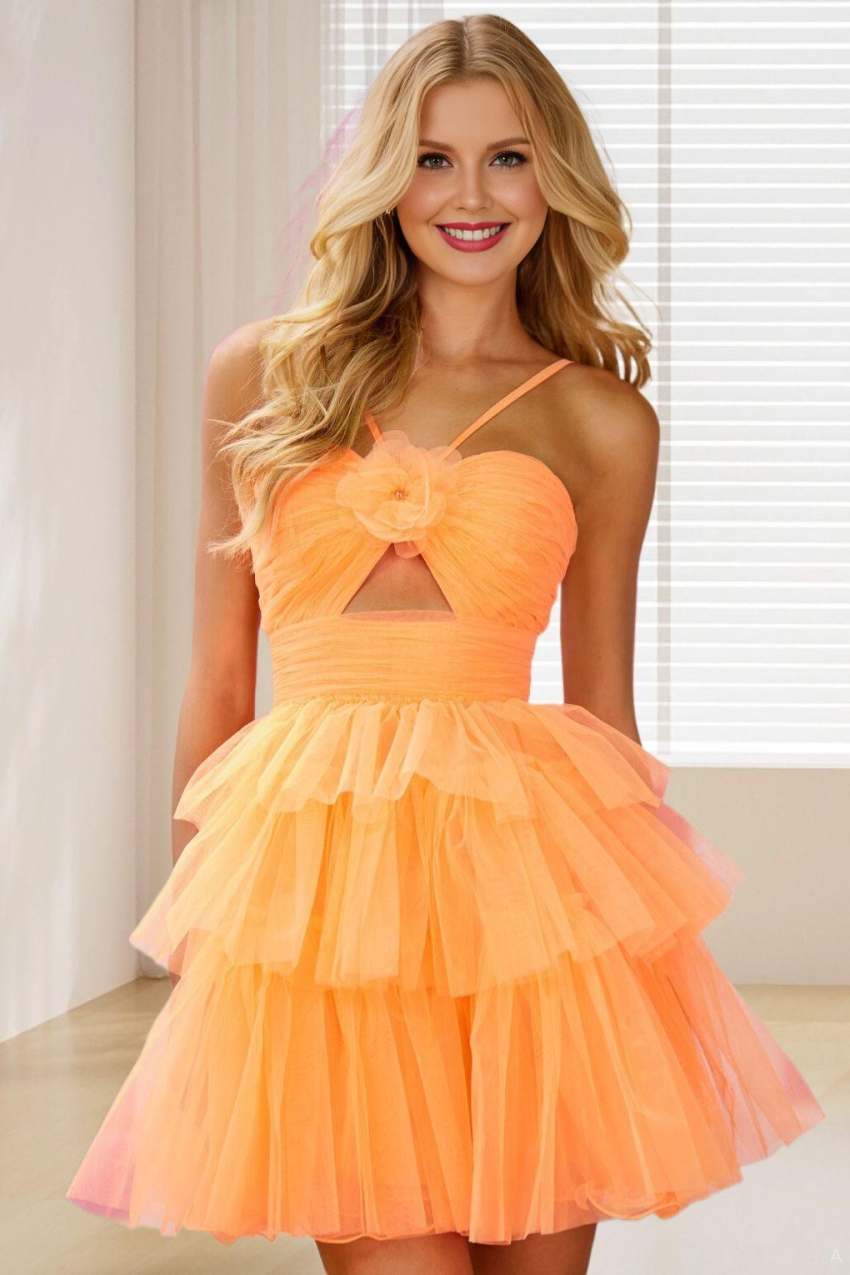Dressime A Line Spaghetti Straps Keyhole Tulle Short/MIni Homecoming Dress with Flower