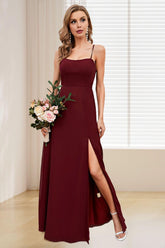 Dressime A Line Spaghetti Straps Polyster Long Bridesmaid Dress with Split