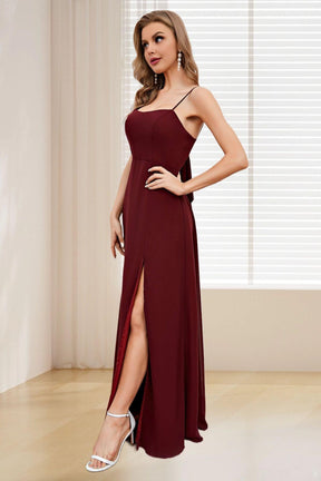Dressime A Line Spaghetti Straps Polyster Long Bridesmaid Dress with Split
