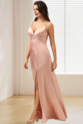 Dressime A Line Spaghetti Straps Satin Bridesmaid Dress With Slit