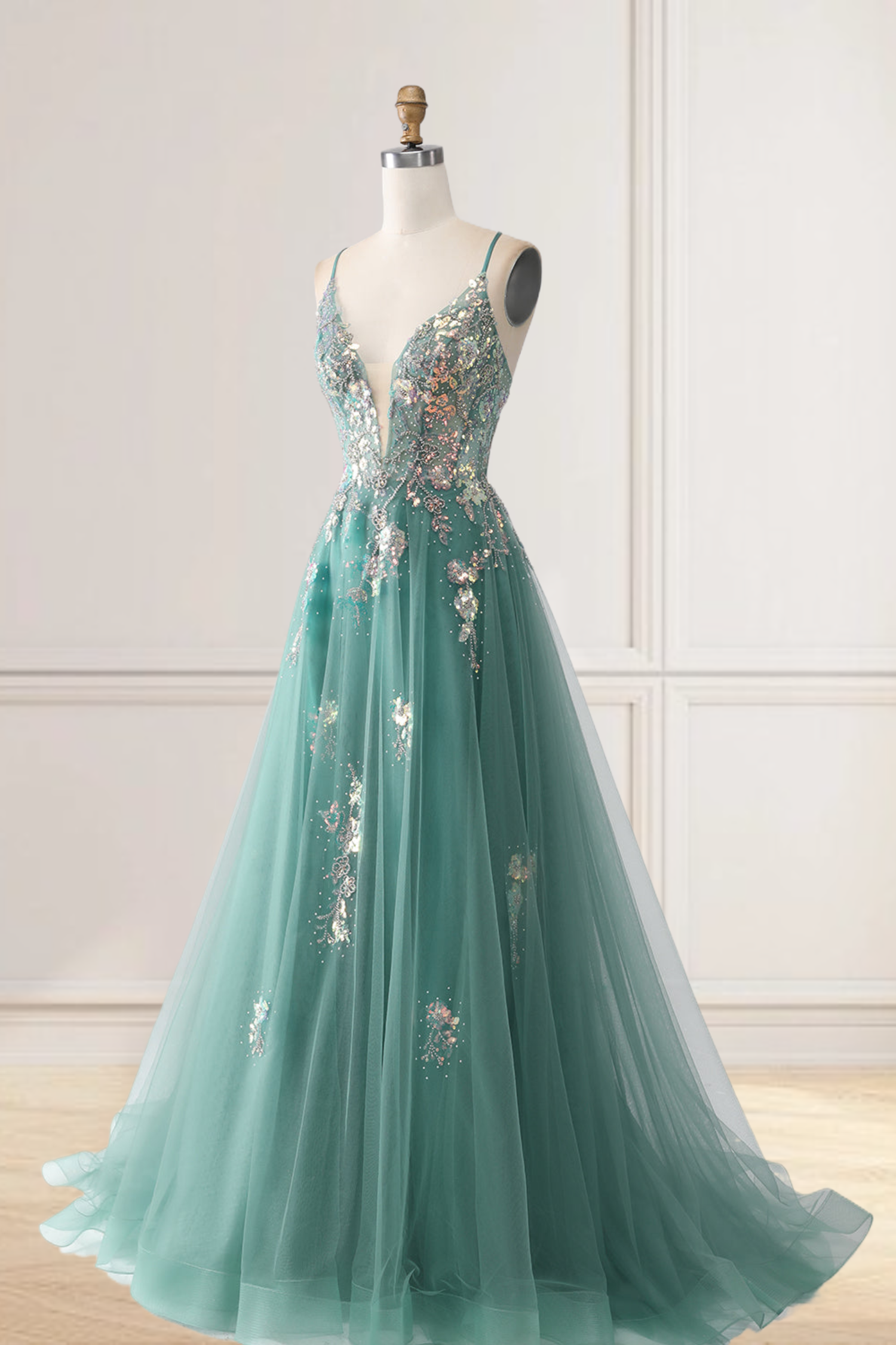 Dressime A Line Spaghetti Straps Tulle Long Prom Dresses with Sequin Appliques