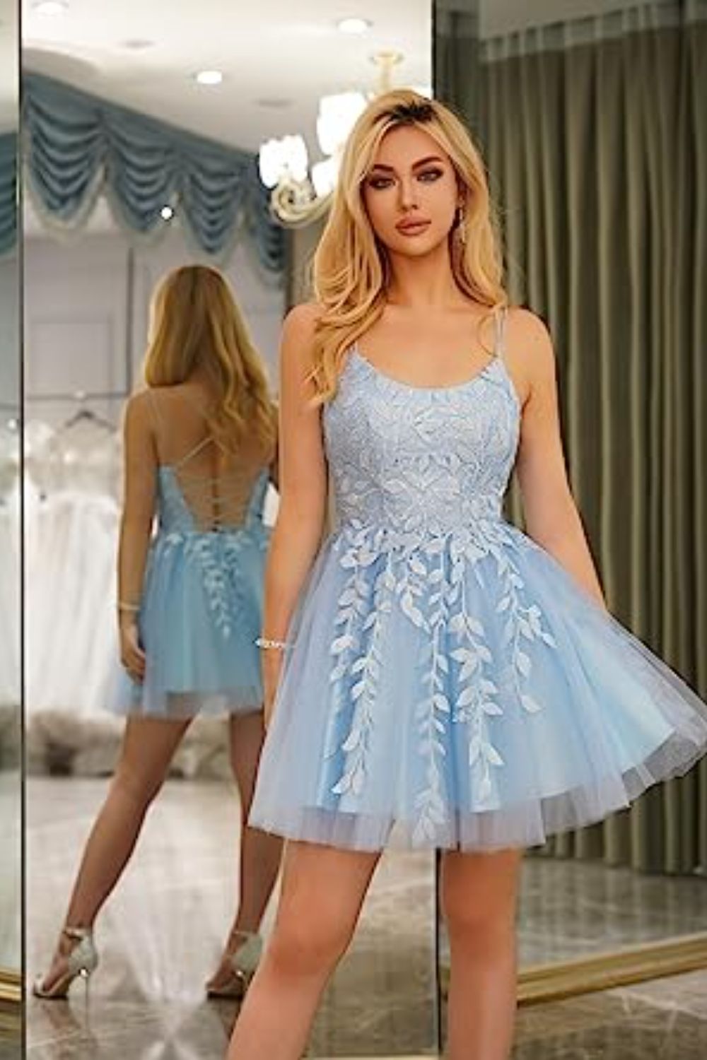 Dressime A-Line Spaghetti Straps Tulle Short/Mini Lace-up Homecoming Dress with Appliques