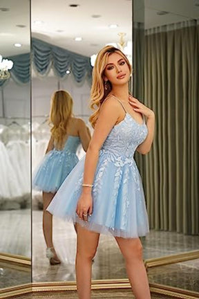 Dressime A-Line Spaghetti Straps Tulle Short/Mini Lace-up Homecoming Dress with Appliques