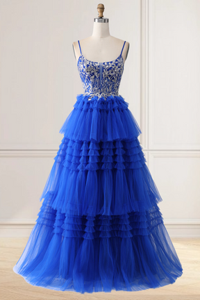 Dressime A Line Spaghetti Straps Tulle Tiered Ruffled Long Prom Dress with Sequin Appliqes