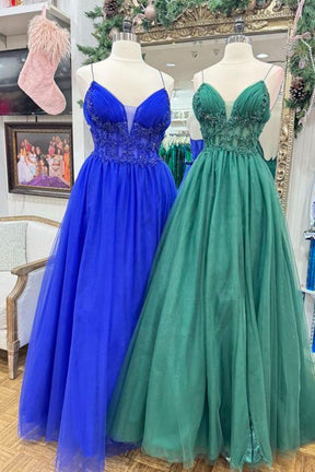 Dressime A Line Spaghetti Straps V Neck Tulle Long Prom Dress With Beaded