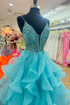 Dressime A Line Spaghetti Straps V Neck Tulle Tiered Prom Dress With Appliques