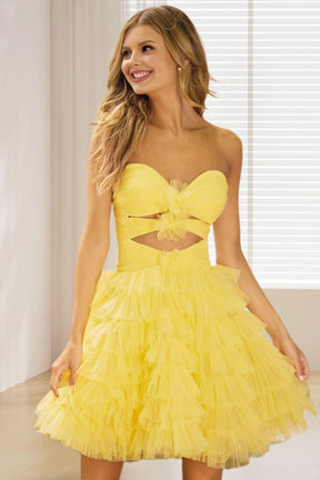 Dressime A Line Strapless Keyhole Tulle ShortMIni Homecoming Dress with Flower