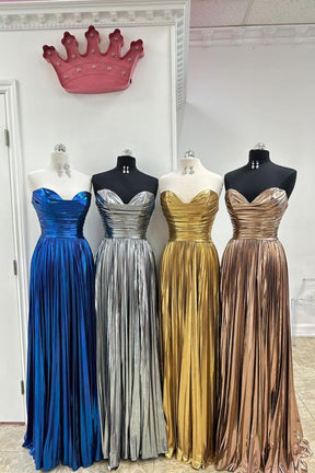 Dressime A Line Strapless Metallic Satin Slit Long Prom Dress