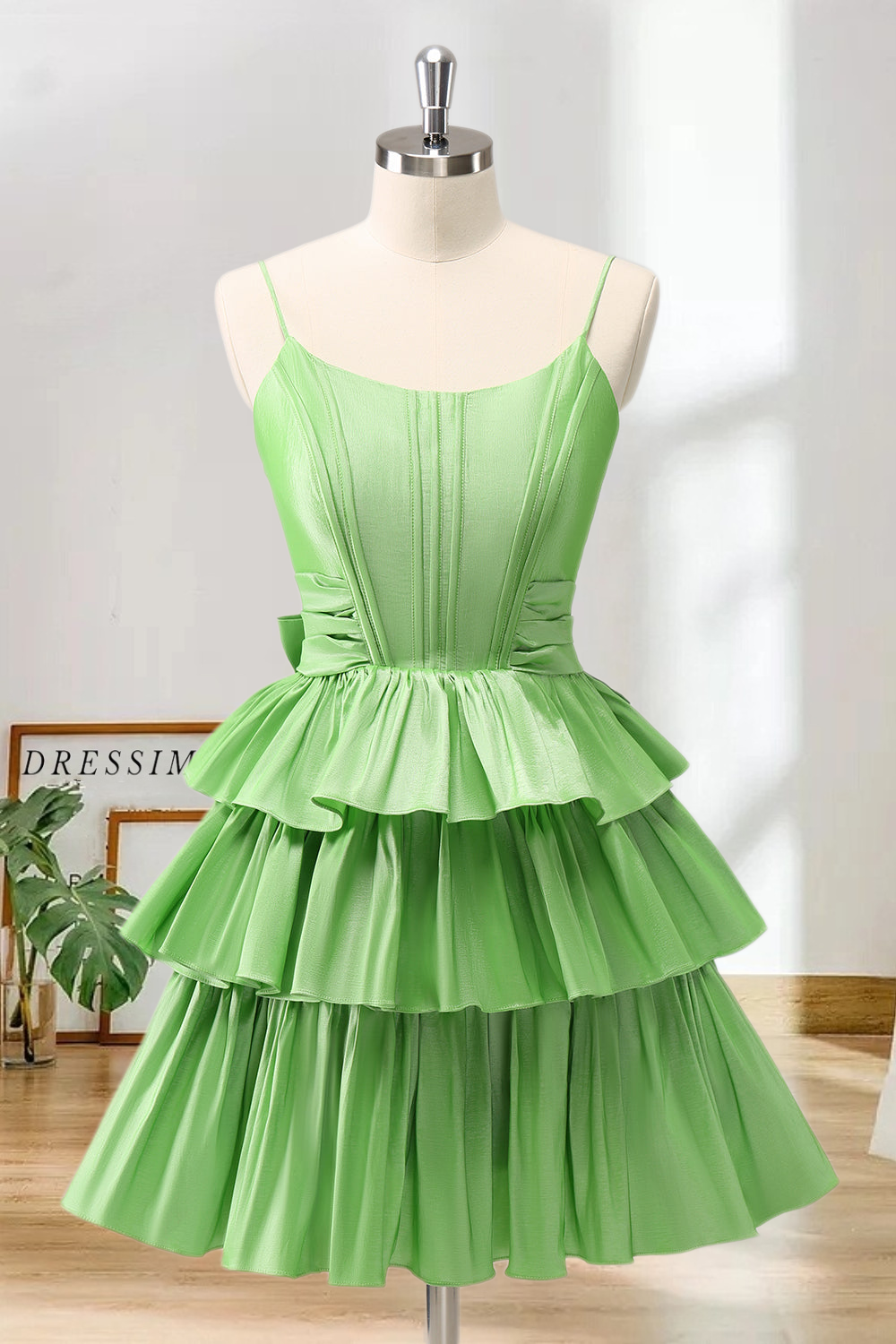 Dressime A Line Strapless Satin Tiered Short/Mini Homecoming Dress With Bow