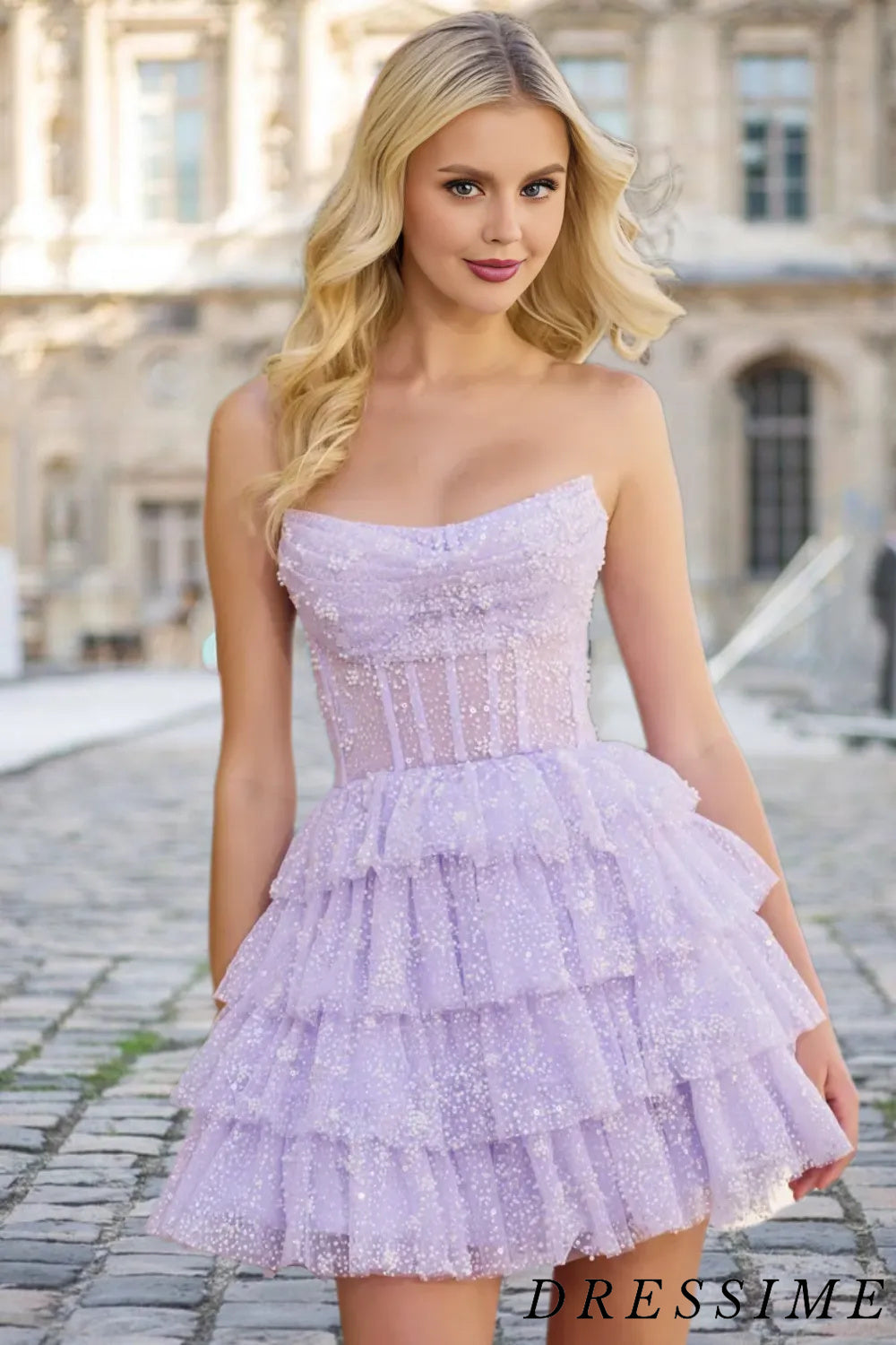 Dressime A Line Strapless Short/Mini Tulle Tiered Homecoming  Dresses With Ruffles