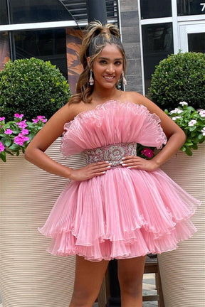 Dressime A Line Strapless Tulle Beaded Tiered Short Homecoming Dresses