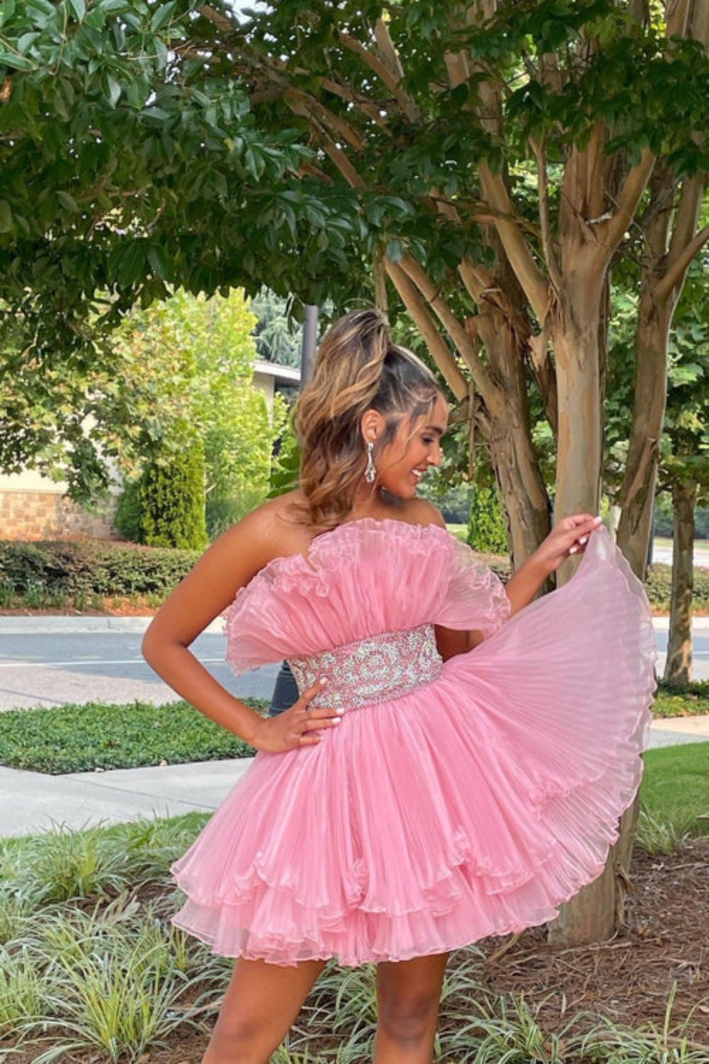 Dressime A Line Strapless Tulle Beaded Tiered Short Homecoming Dresses