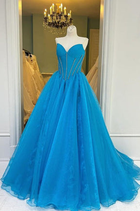 Dressime A Line Strapless Tulle Long Prom Dress With Beaded