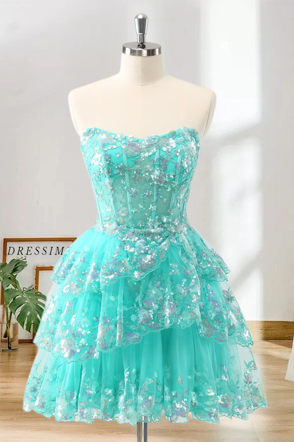 Dressime A Line Strapless Tulle Tiered Short/Mini Homecoming Dress with Sequins