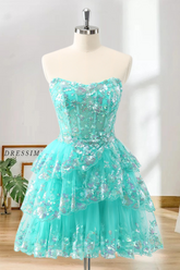 Dressime A Line Strapless Tulle Tiered Short/Mini Homecoming Dress with Sequins