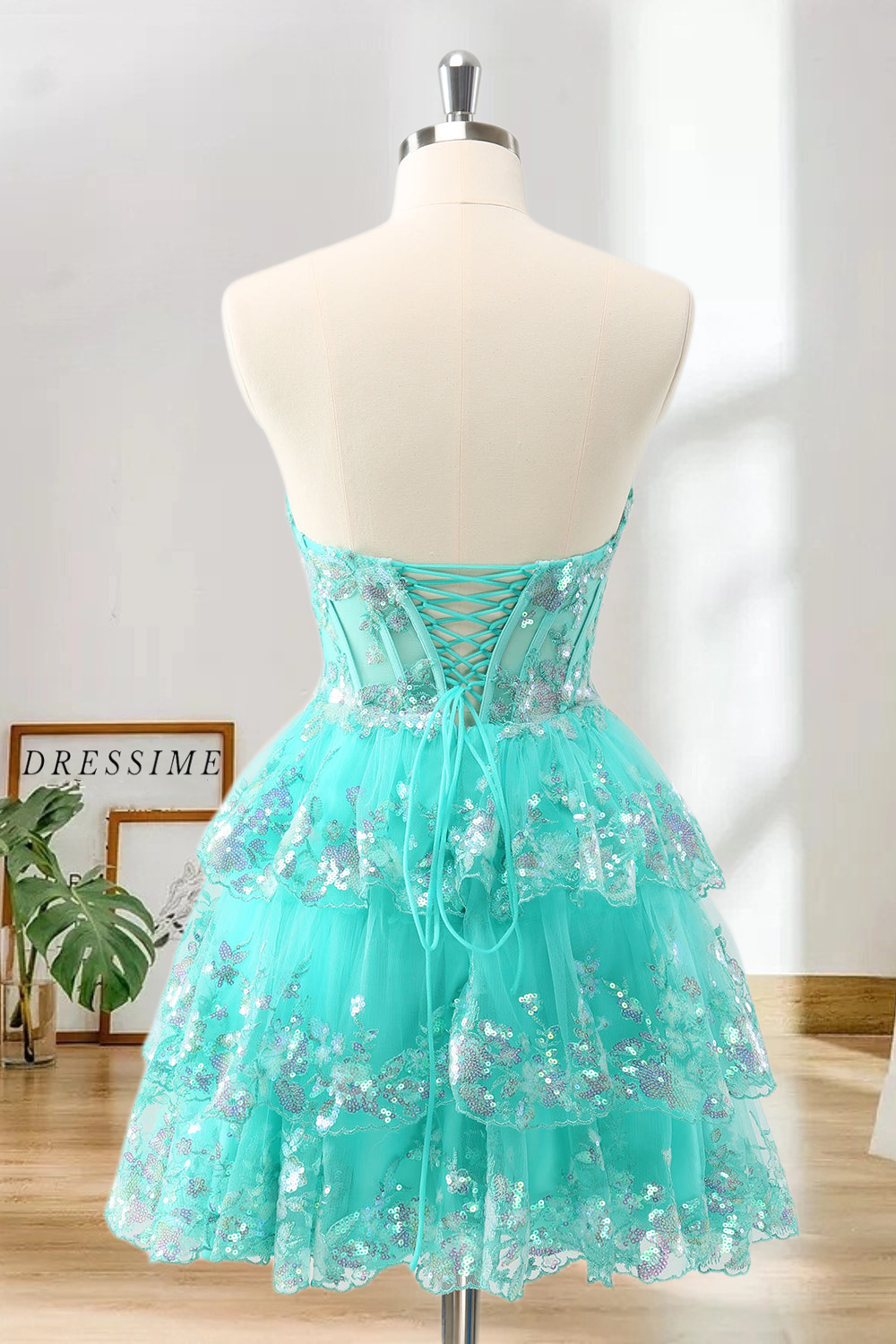 Dressime A Line Strapless Tulle Tiered Short/Mini Homecoming Dress with Sequins