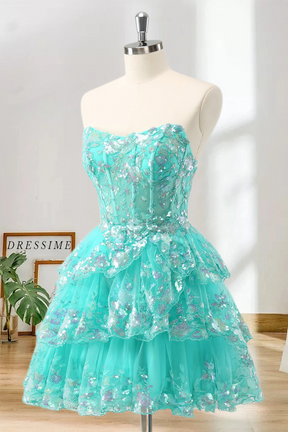 Dressime A Line Strapless Tulle Tiered Short/Mini Homecoming Dress with Sequins