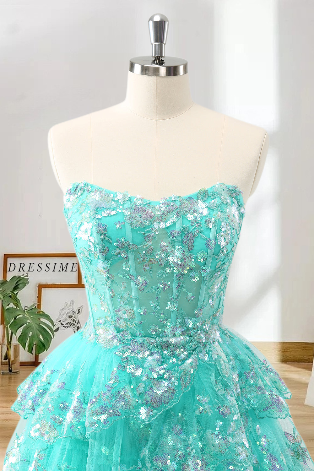 Dressime A Line Strapless Tulle Tiered Short/Mini Homecoming Dress with Sequins