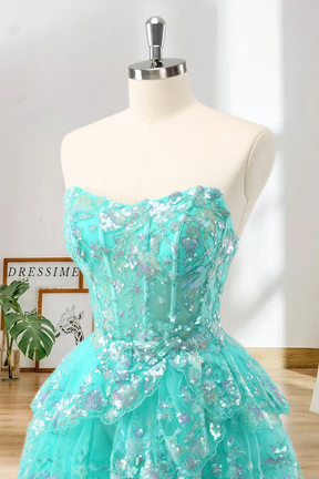 Dressime A Line Strapless Tulle Tiered Short/Mini Homecoming Dress with Sequins