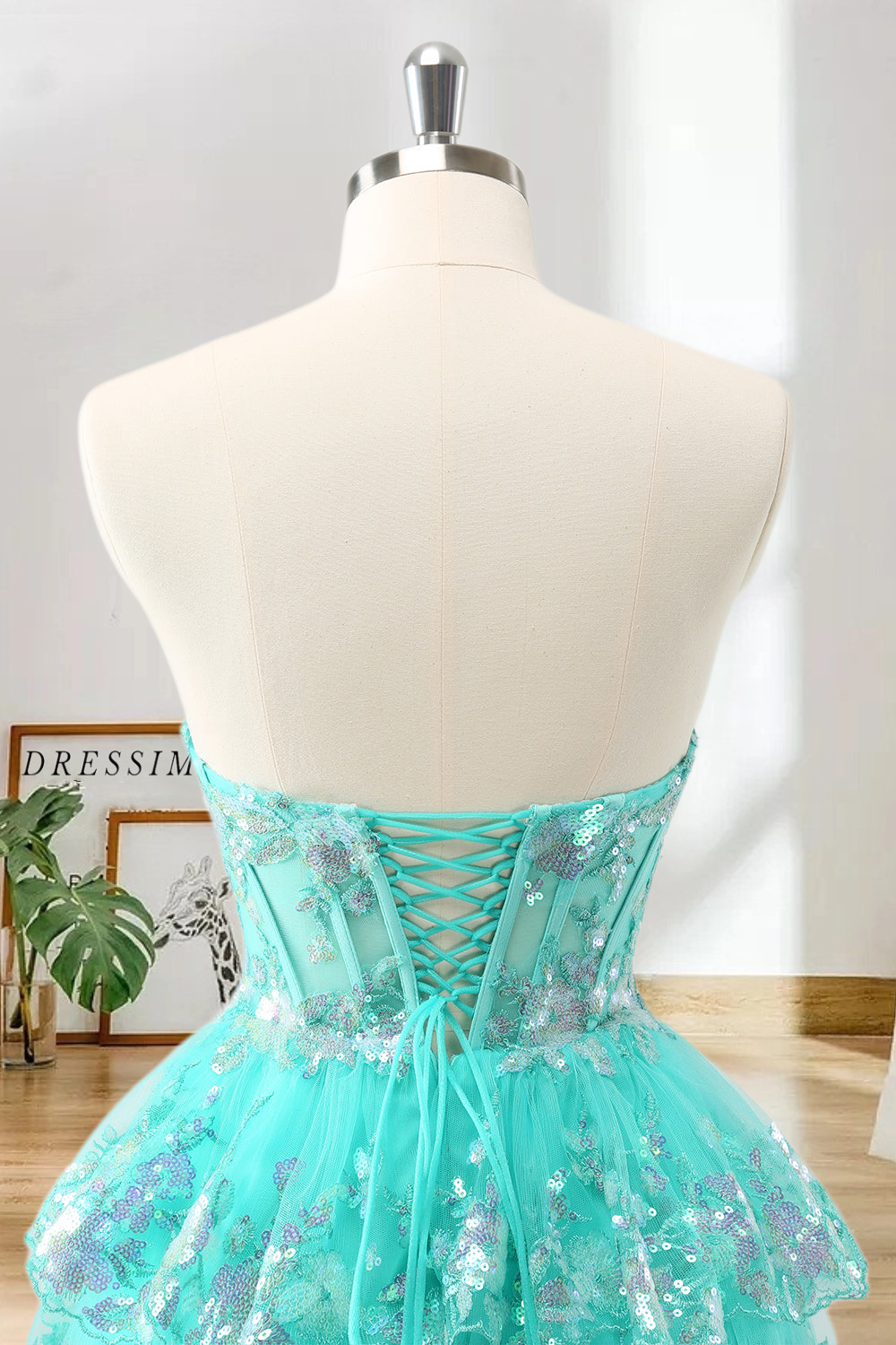 Dressime A Line Strapless Tulle Tiered Short/Mini Homecoming Dress with Sequins