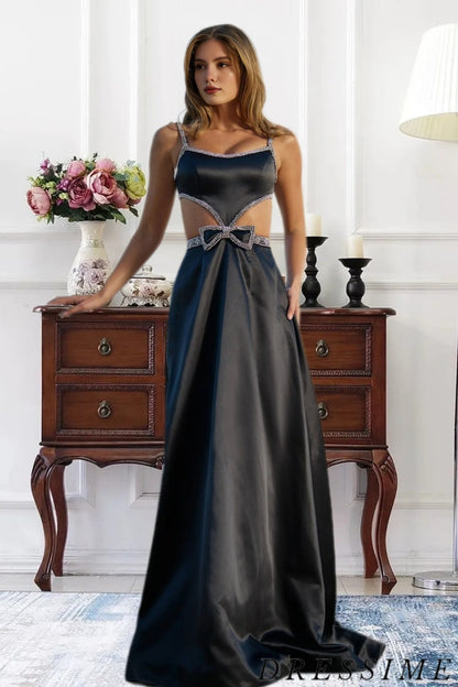 Dressime A Line Straps Satin Cutout Rhinestones Long Prom Dress With Bow