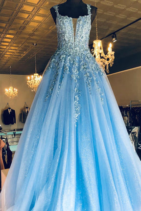 Dressime A Line Straps Tulle Long Prom Dress With Appliques