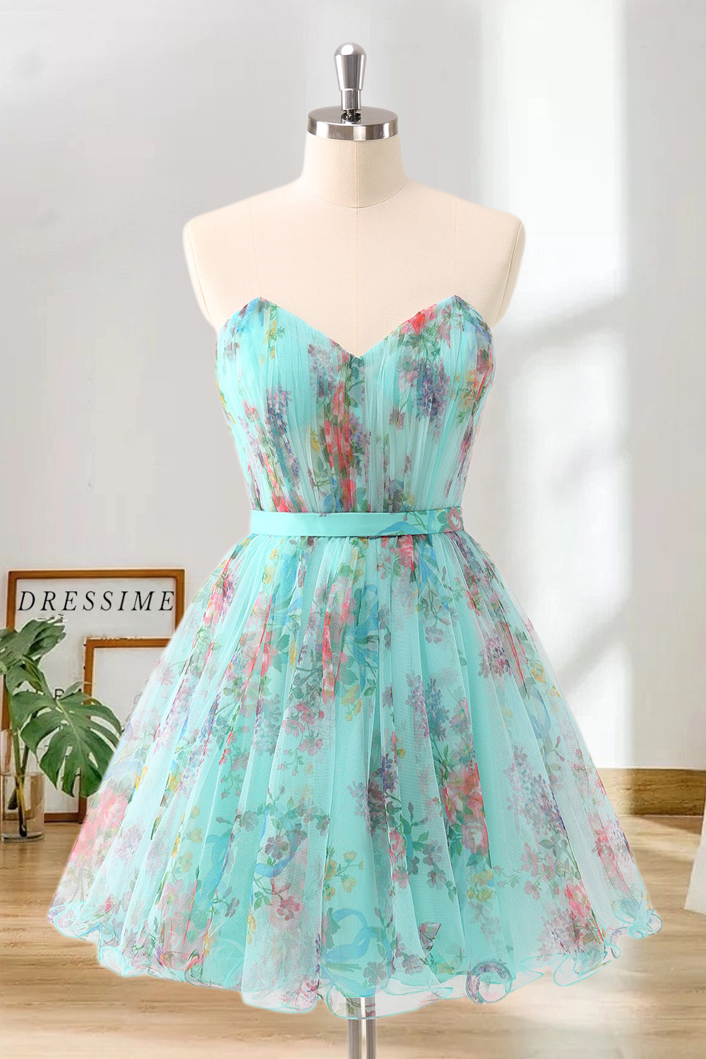 Dressime A Line Sweetheart Chiffon Floral Print Short/Mini Homecoming Dress