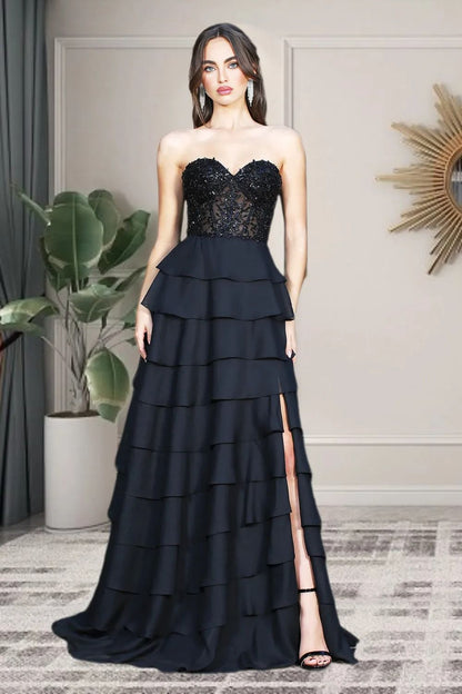 Dressime A Line Sweetheart Chiffon Tiered Slit Long Prom Dress With Sequin Appliques