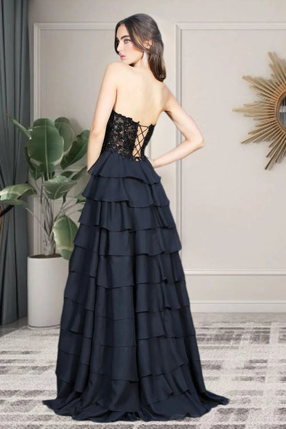 Dressime A Line Sweetheart Chiffon Tiered Slit Long Prom Dress With Sequin Appliques