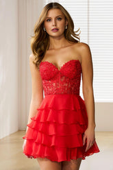 Dressime A Line Sweetheart Lace Chiffon Short/Mini Tiered Prom Dress With Ruffle