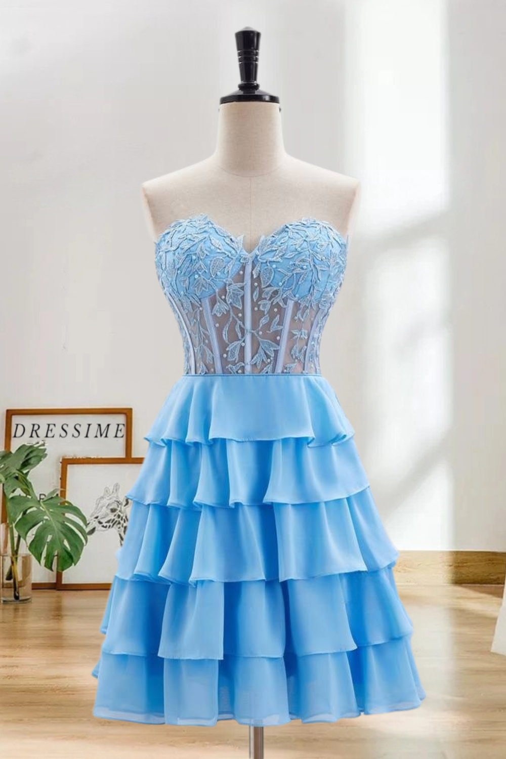 Dressime A Line Sweetheart Lace Chiffon Short/Mini Tiered Prom Dress With Ruffle