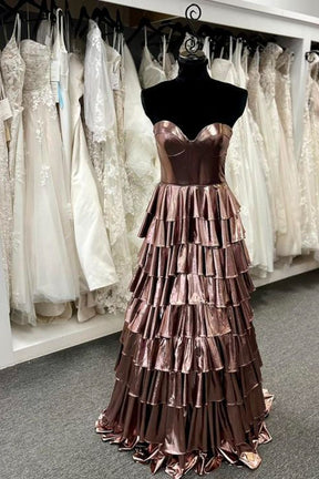 Dressime A Line Sweetheart Metallic Satin Tiered Long Prom Dress