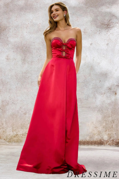 Dressime A Line Sweetheart Satin Slit Beaded Prom Dress With Bow