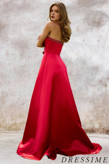 Dressime A Line Sweetheart Satin Slit Beaded Prom Dress With Bow