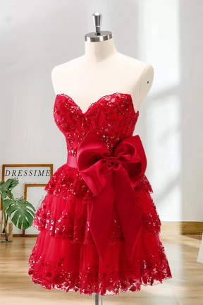 Dressime A Line Sweetheart Sequin Appliques Tiered Short/Mini Homecoming Dress With Bow