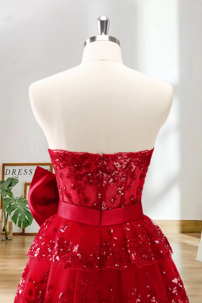 Dressime A Line Sweetheart Sequin Appliques Tiered Short/Mini Homecoming Dress With Bow