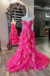 Dressime A Line Sweetheart Sequin Embroidery Tiered Long Prom Dress with Slit