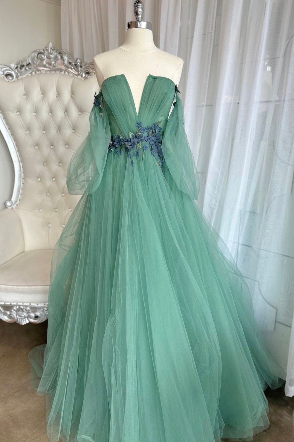 Dressime A Line Tulle 3D Floral Lace Off-the-Shoulder Long Prom Dress