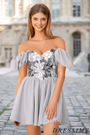 Dressime A Line V Neck Satin Short/Mini Homecoming Dresses With Mirrors