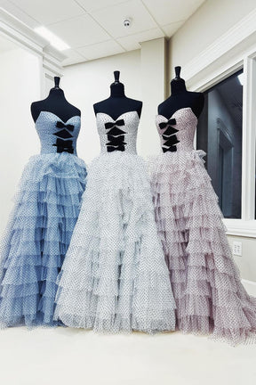 Dressime A line Straoless Tulle Tiered Slit Floor-Length Prom Dress