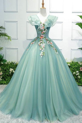 Dressime Ball Gown V Neck Organza Long Princess Dress With Appliques