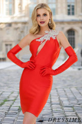 Dressime Bodycon One Shoulder Beaded Satin Short/Mini Homecoming Dress With Sleeves